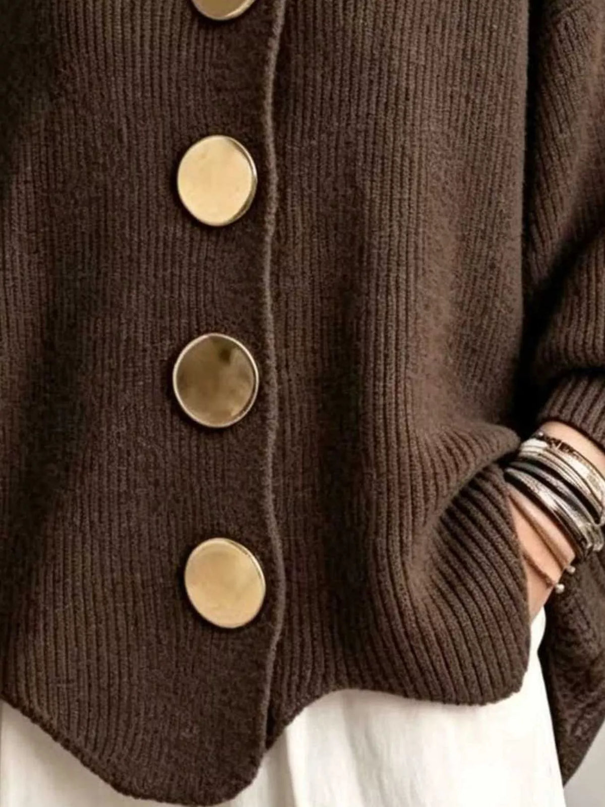 Full Size Ribbed Knit Gold Buttons Cardigan Plus Size