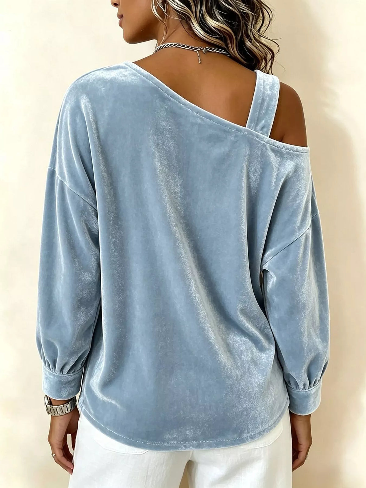 Full Size Velvet Asymmetrical Neck Sweatshirt with Buckle Detail Plus Size