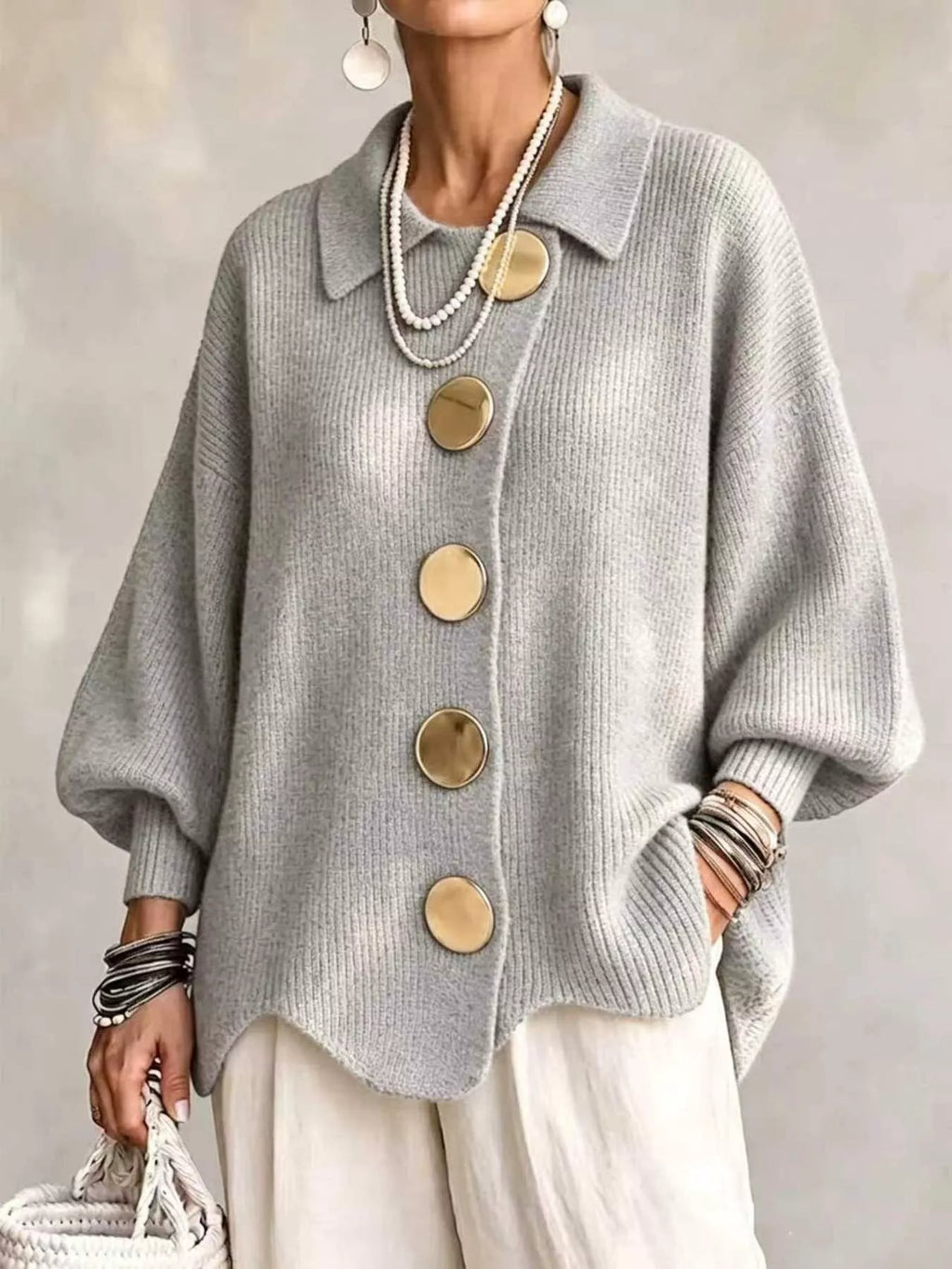 Full Size Gold Buttons Lantern Sleeve Cardigan Plus Size