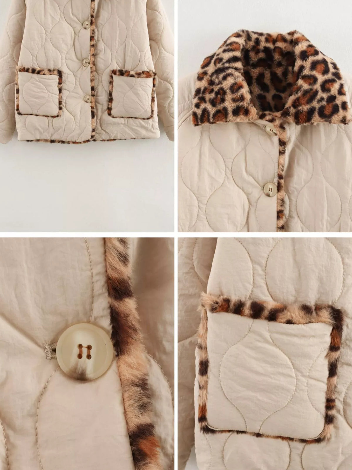 Leopard Faux Fur Trim Quilted Jacket