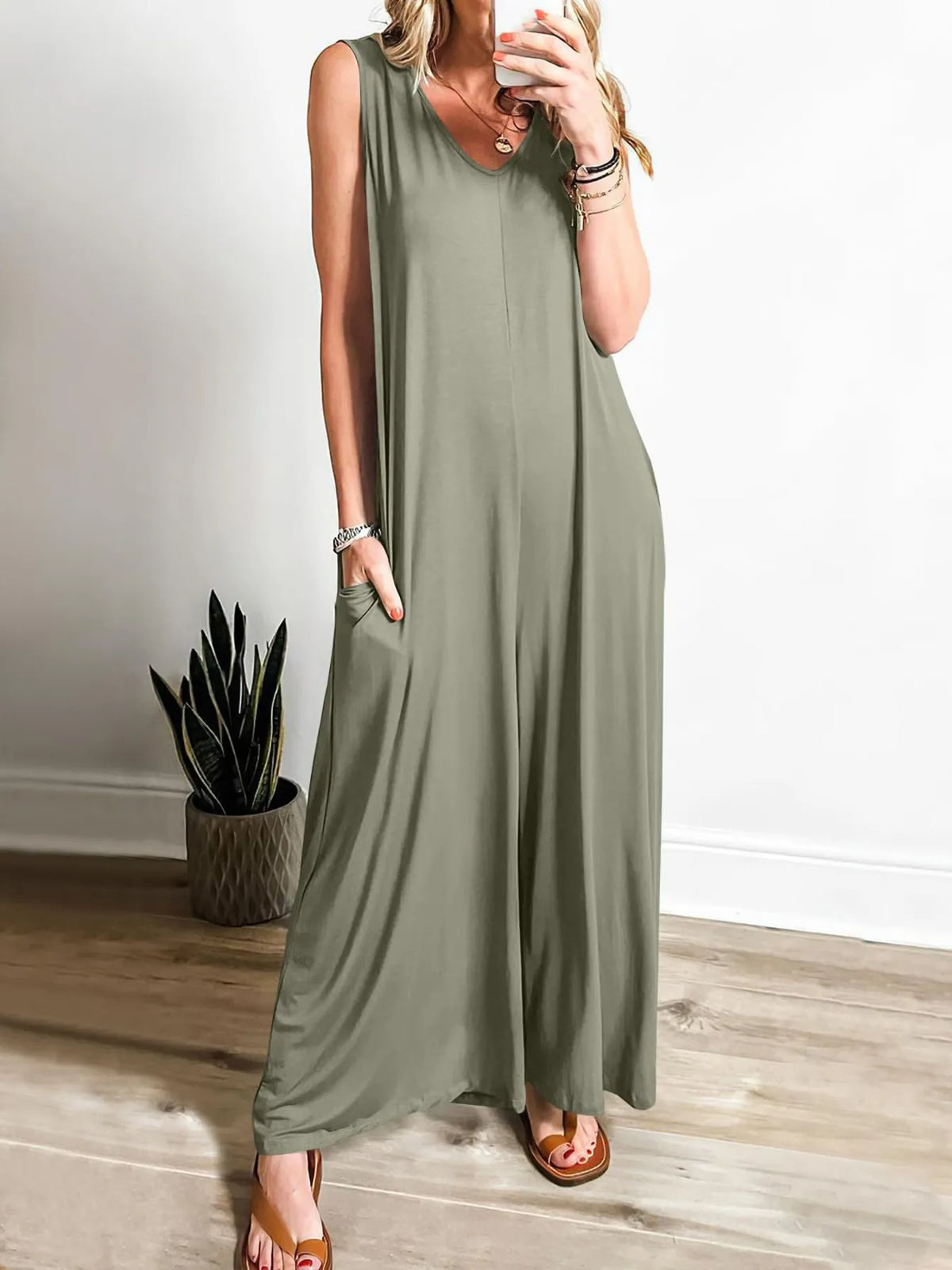 Sleeveless V-Neck Jumpsuit with Pockets