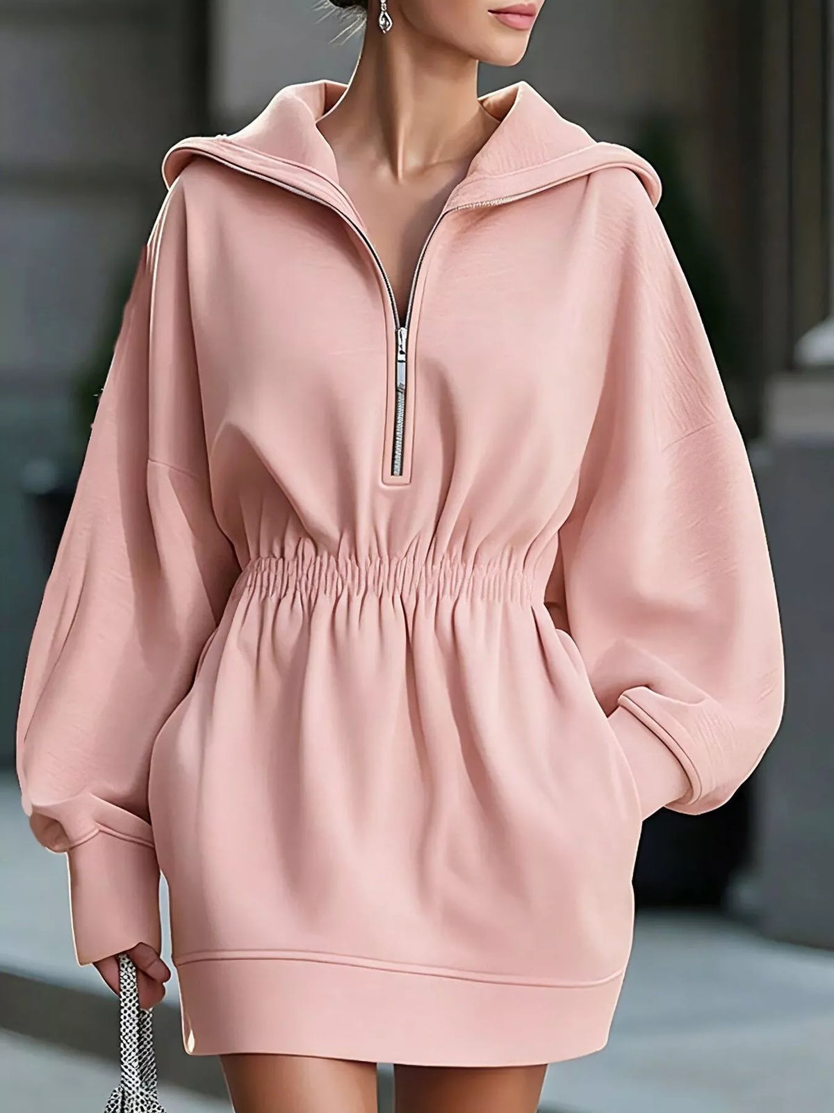 Casual Hooded Quarter-Zip Sweatshirt Dress