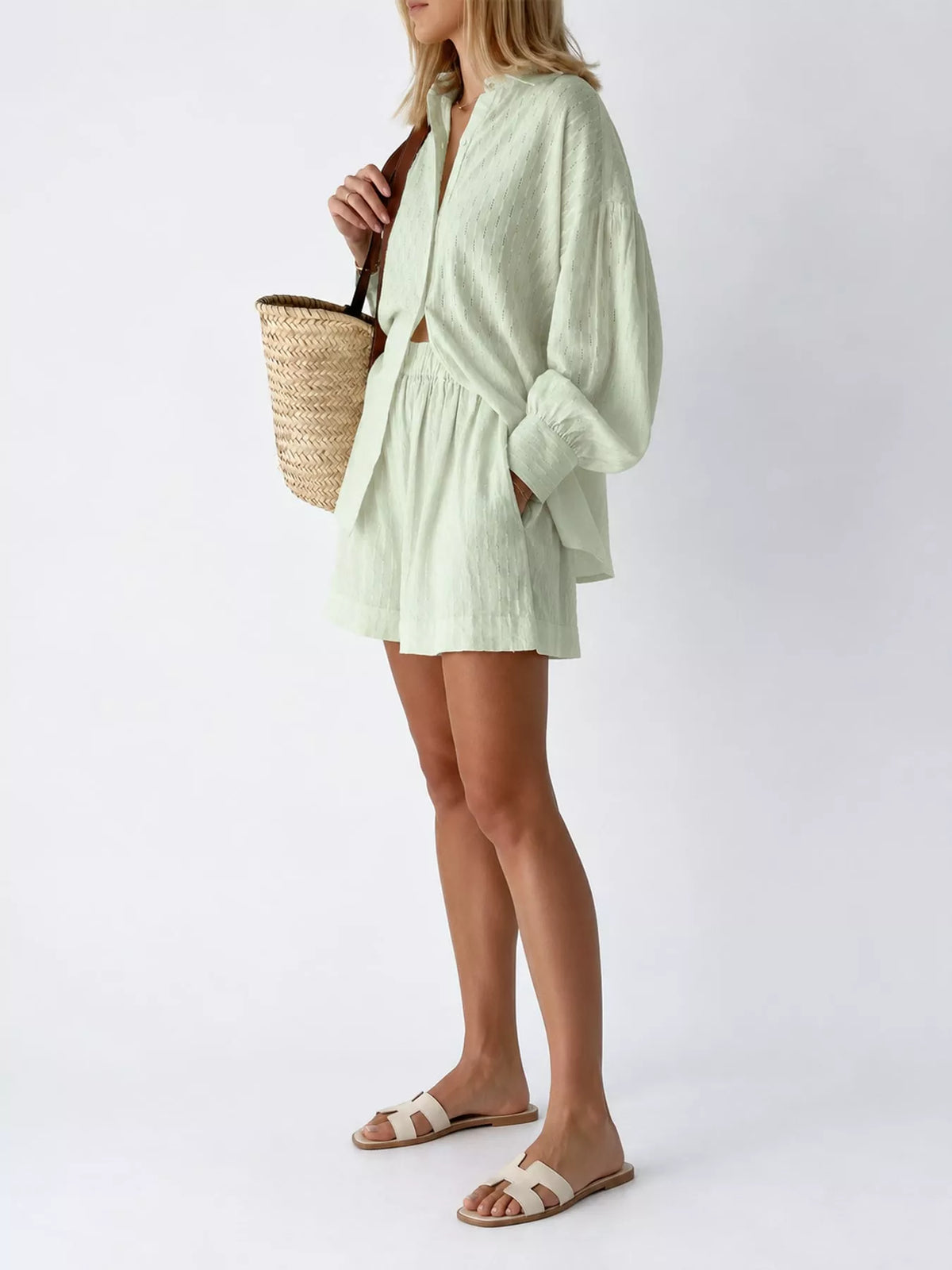 Textured Button-Down Shirt and Shorts Set