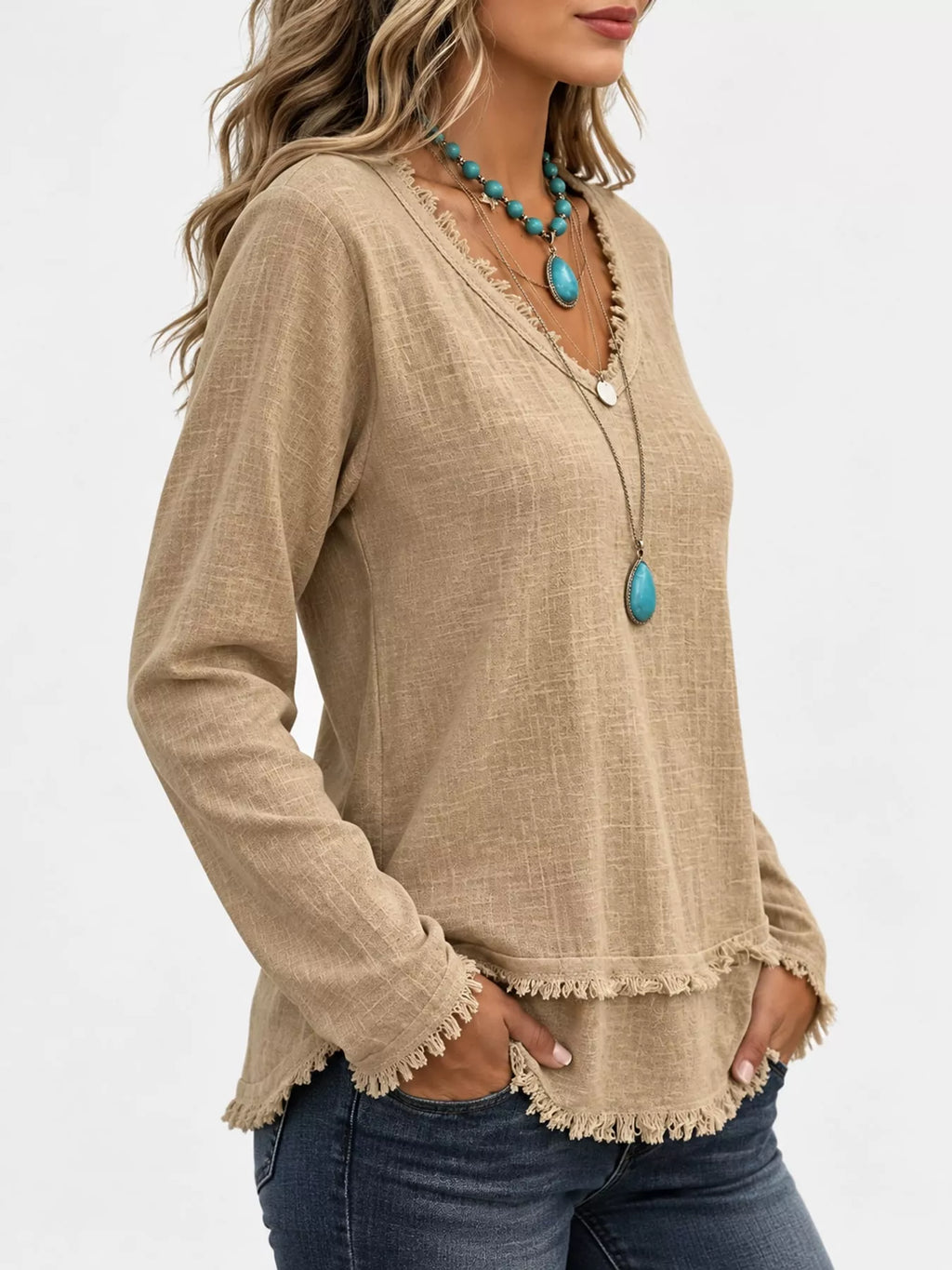Full Size Frayed Hem V-Neck Long Sleeve Blouse Plus Size