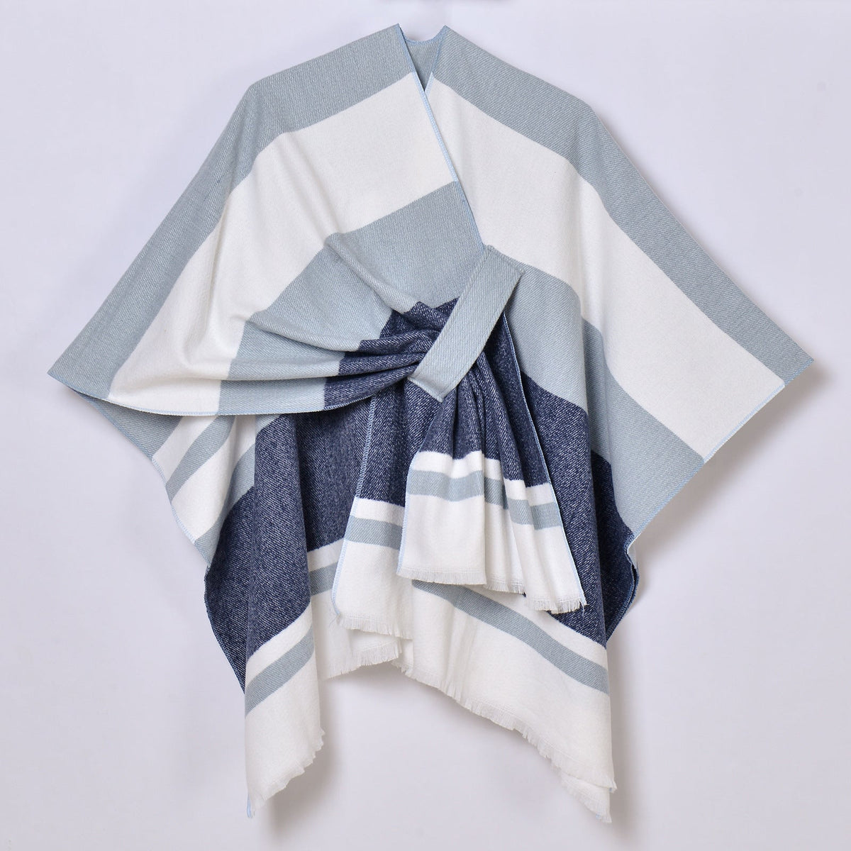 Womens Striped Tassel Cross-Strap Warm Cape Shawl