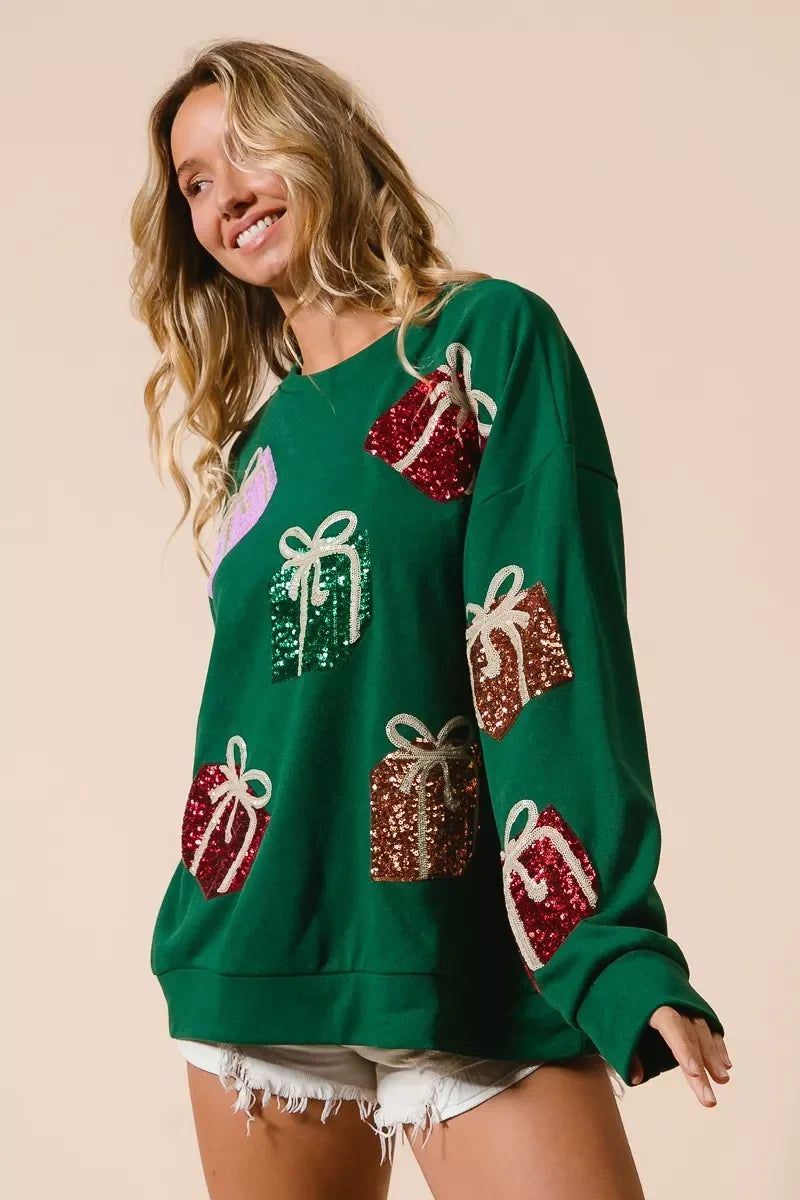 BiBi Sequin Christmas Gift Box Embroideries Pullover
