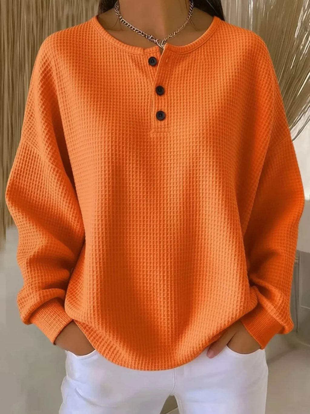 Full Size Waffle Knit Button Detail Top Plus Size