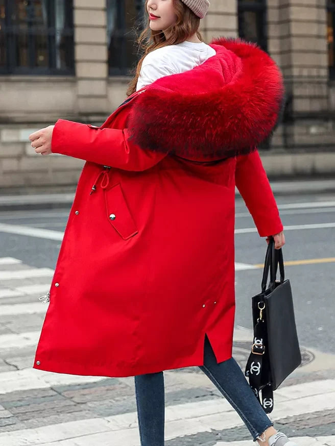 Detachable Longline Hooded Parka with Faux Fur Trim and Drawstring Waist