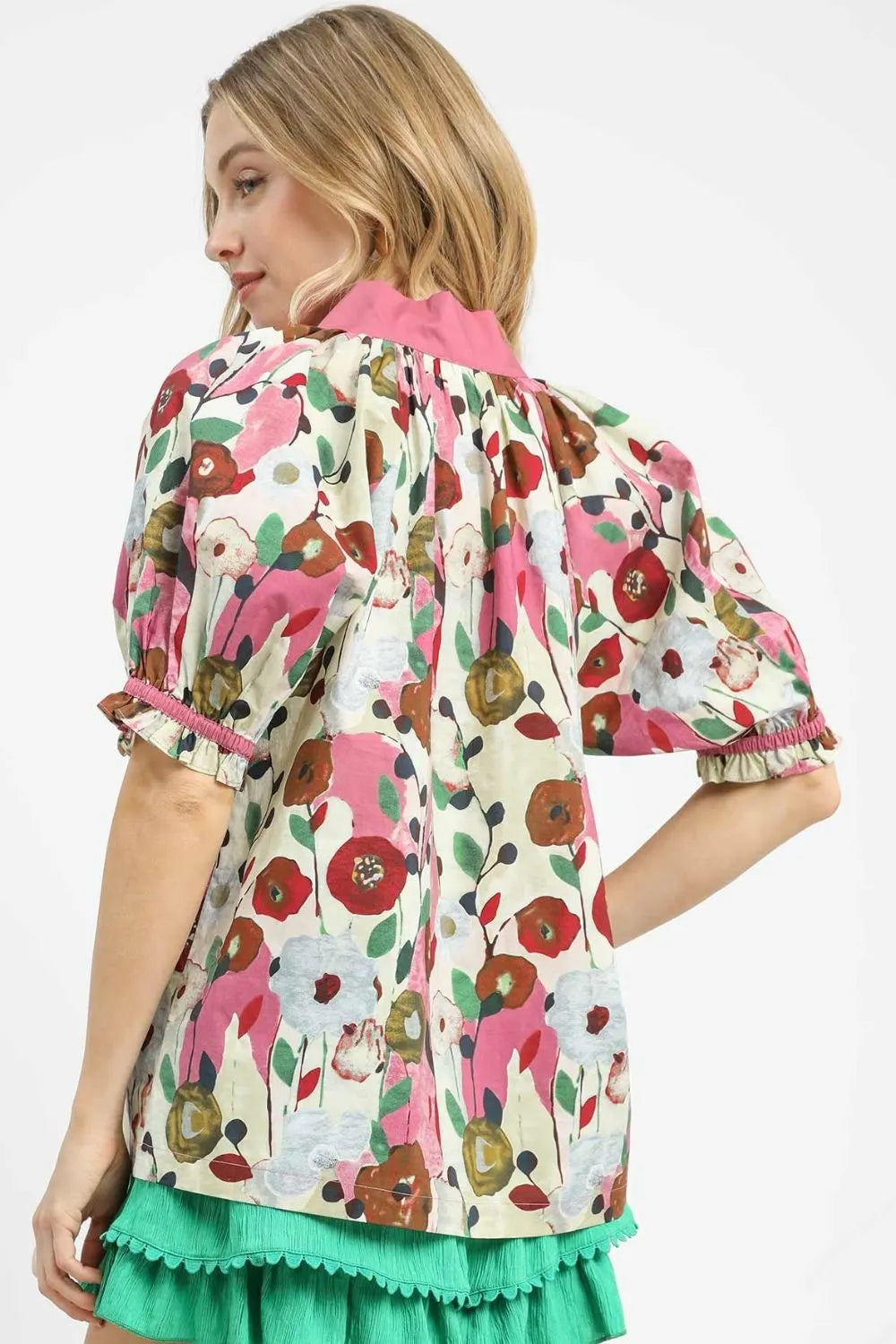 Umgee Floral Print Puff Sleeve Oversized Blouse