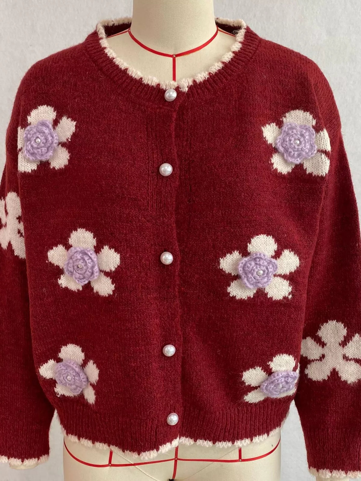 Floral Applique Button-Down Knit Cardigan