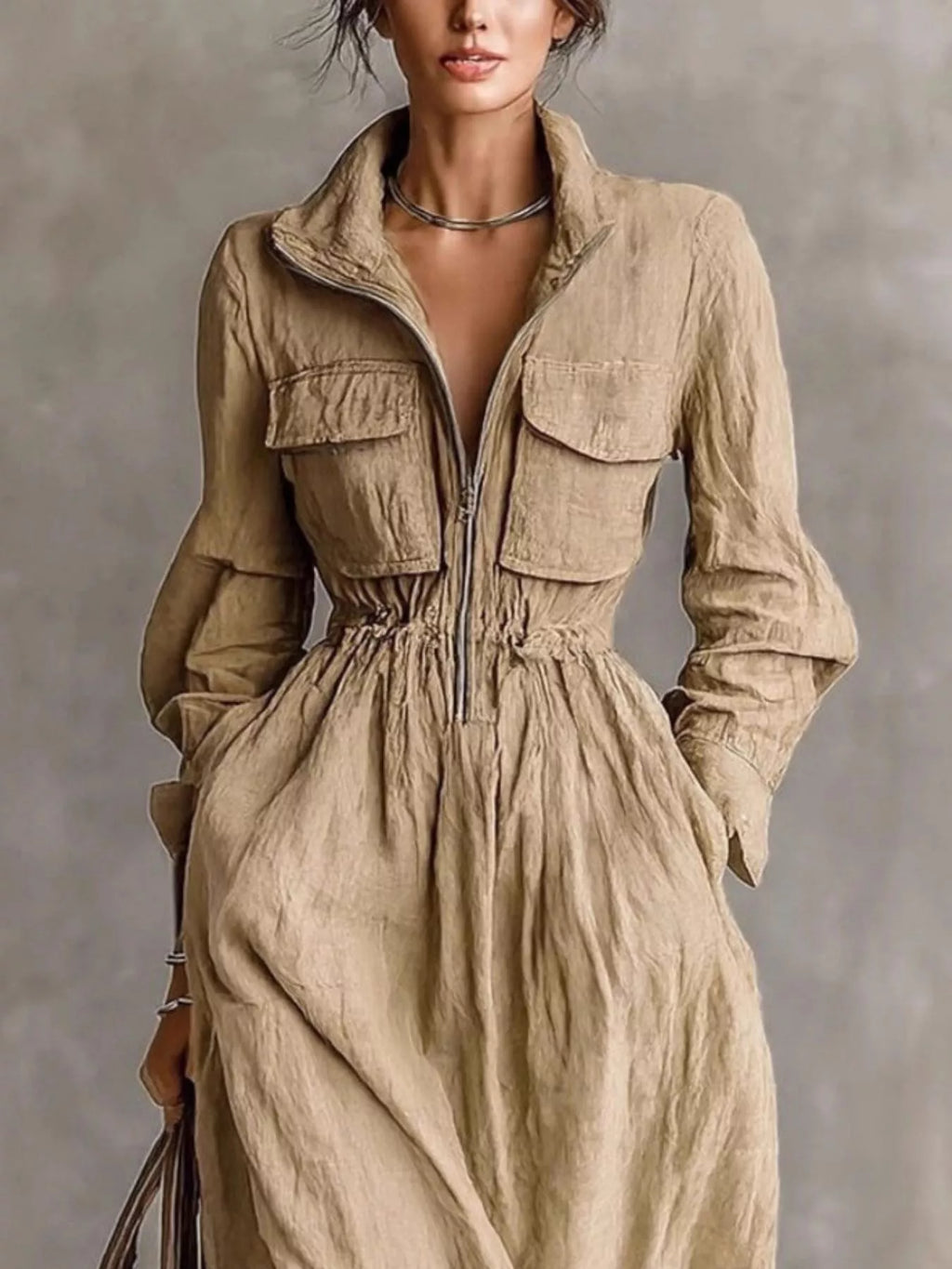Zip-Front Long Sleeve Maxi Shirt Dress