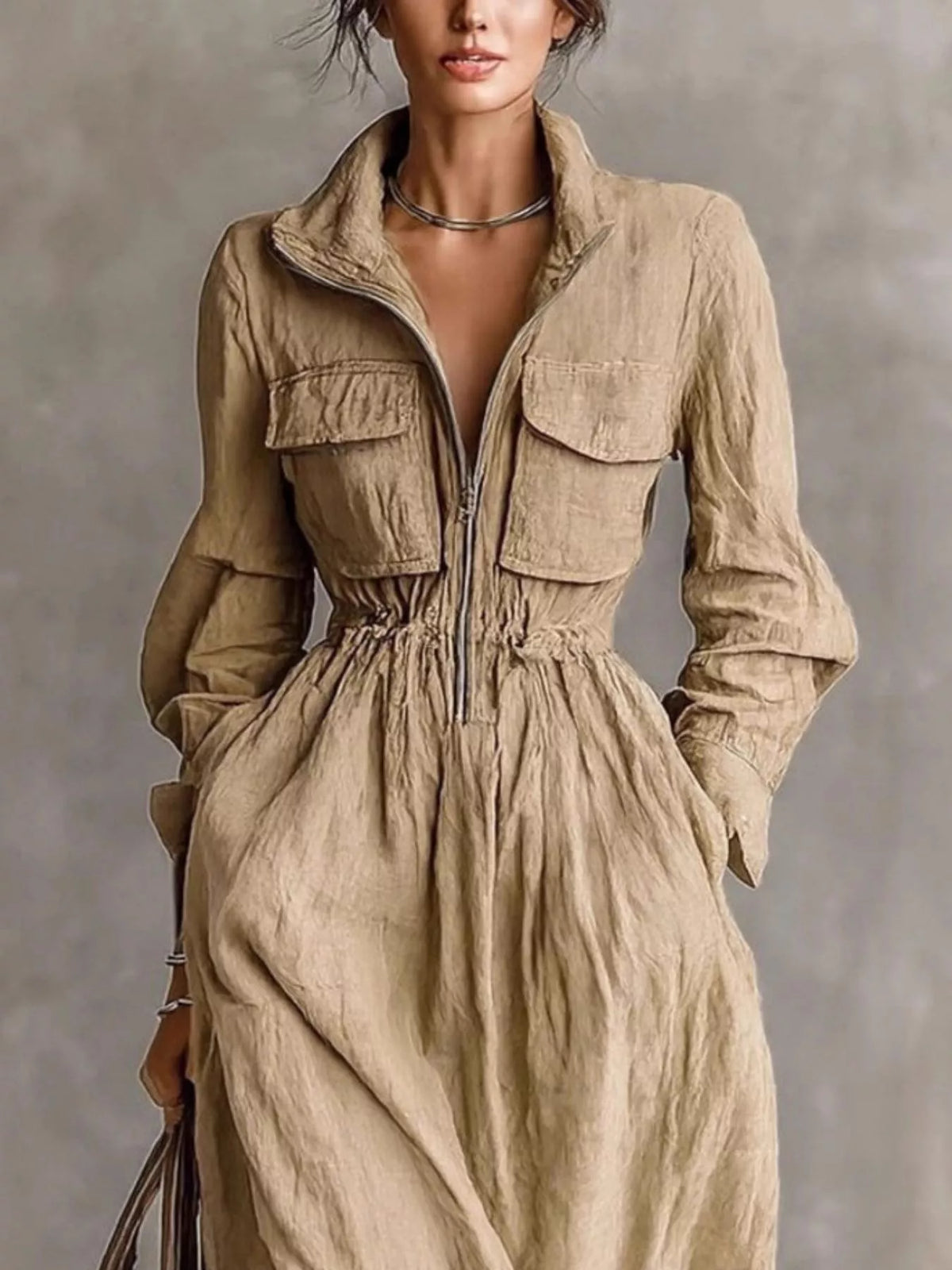 Zip-Front Long Sleeve Maxi Shirt Dress