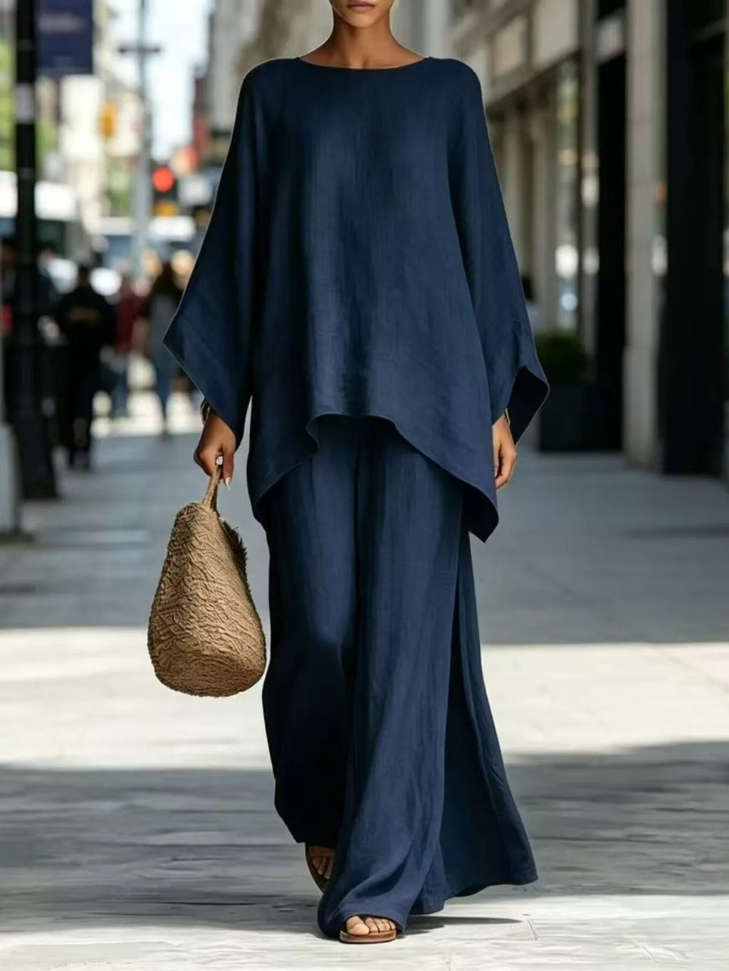 Full Size Batwing Sleeve Top and Wide-Leg Pants Set Plus Size