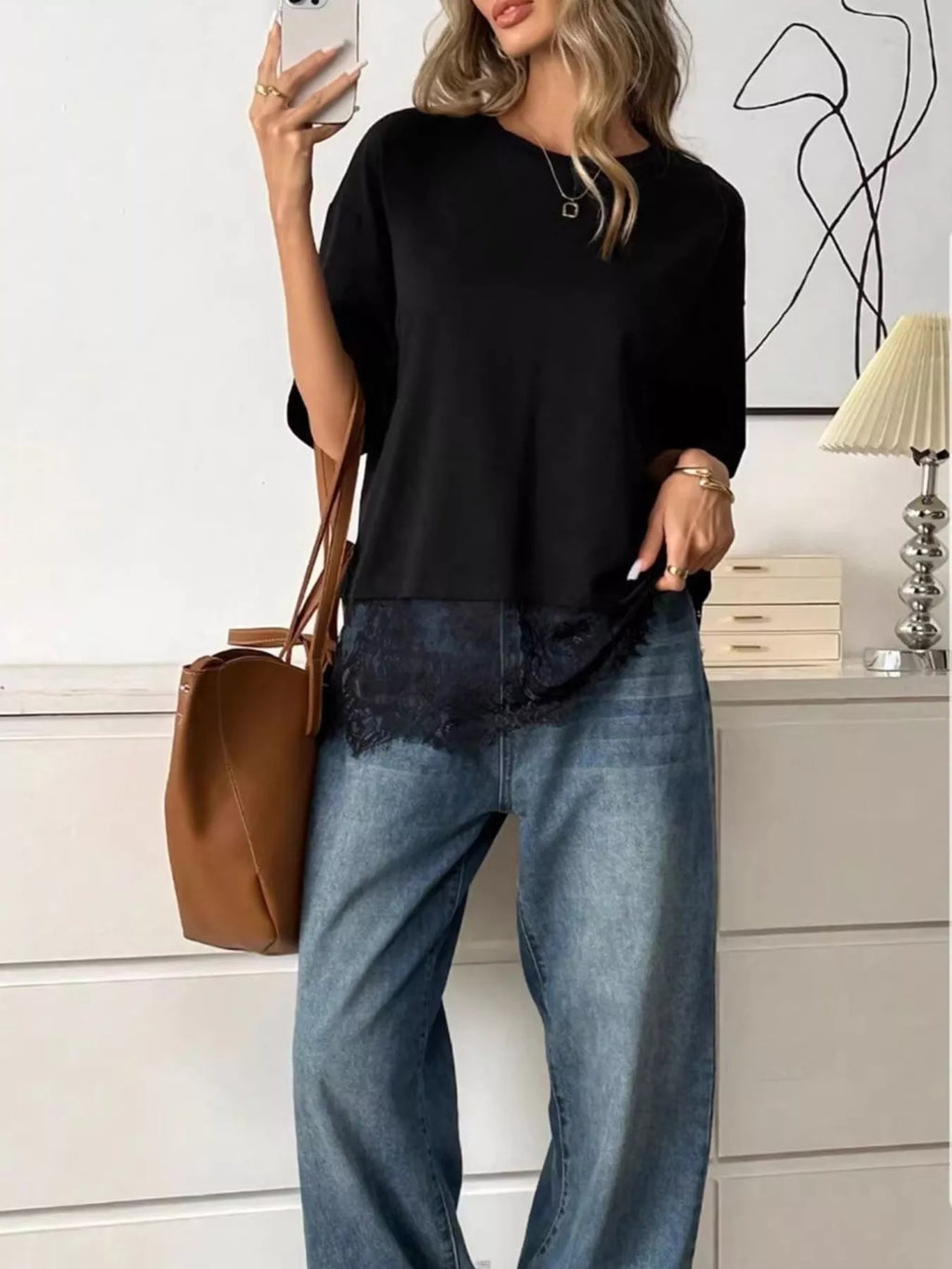 Lace Hem Round Neck T-Shirt