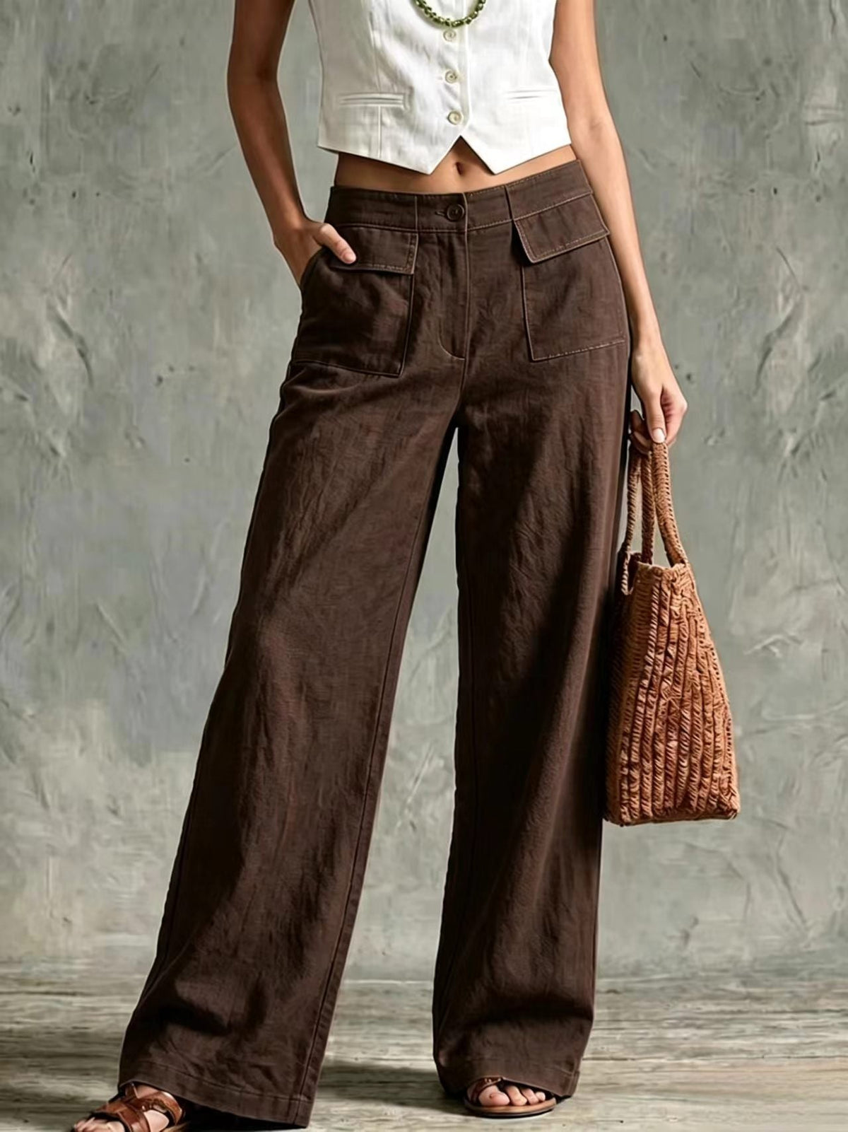 Women's Solid Color Loose Fit Casual Pants - Elastic Waist Trousers for Daily Wear