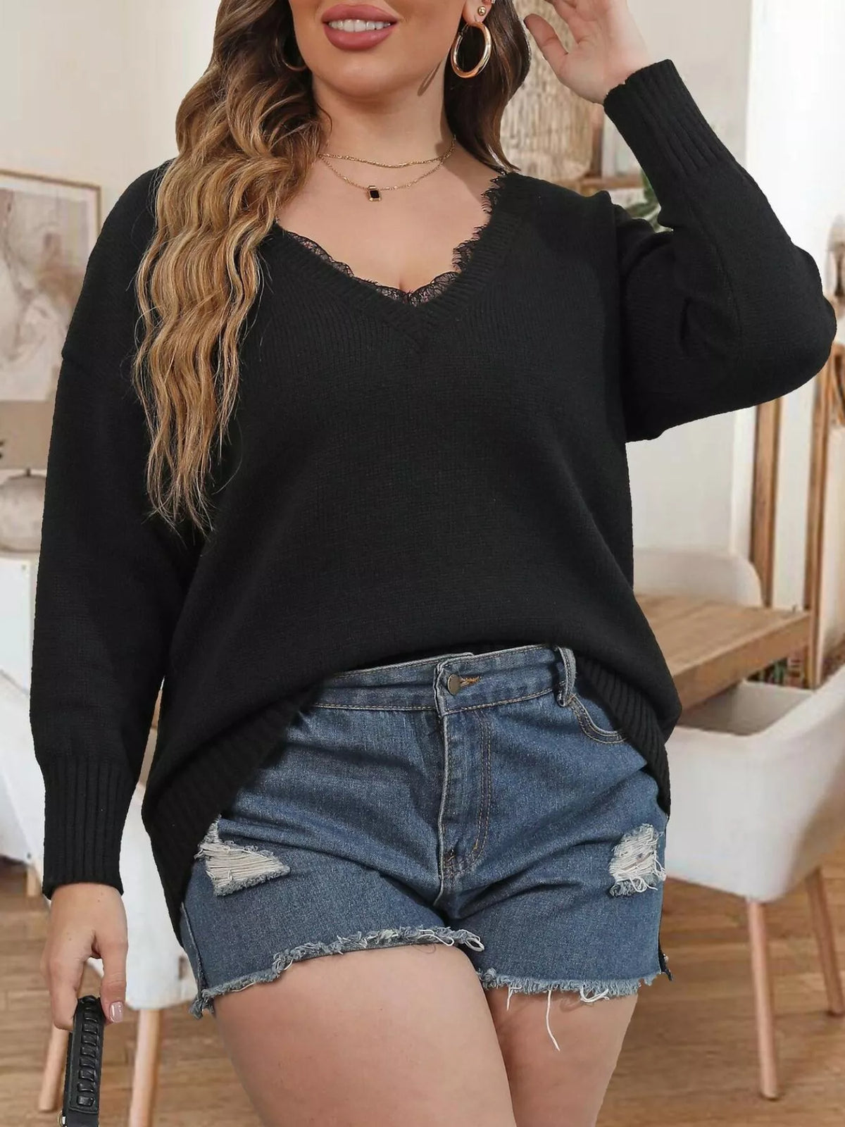 Plus Size Lace Trim V-Neck Sweater