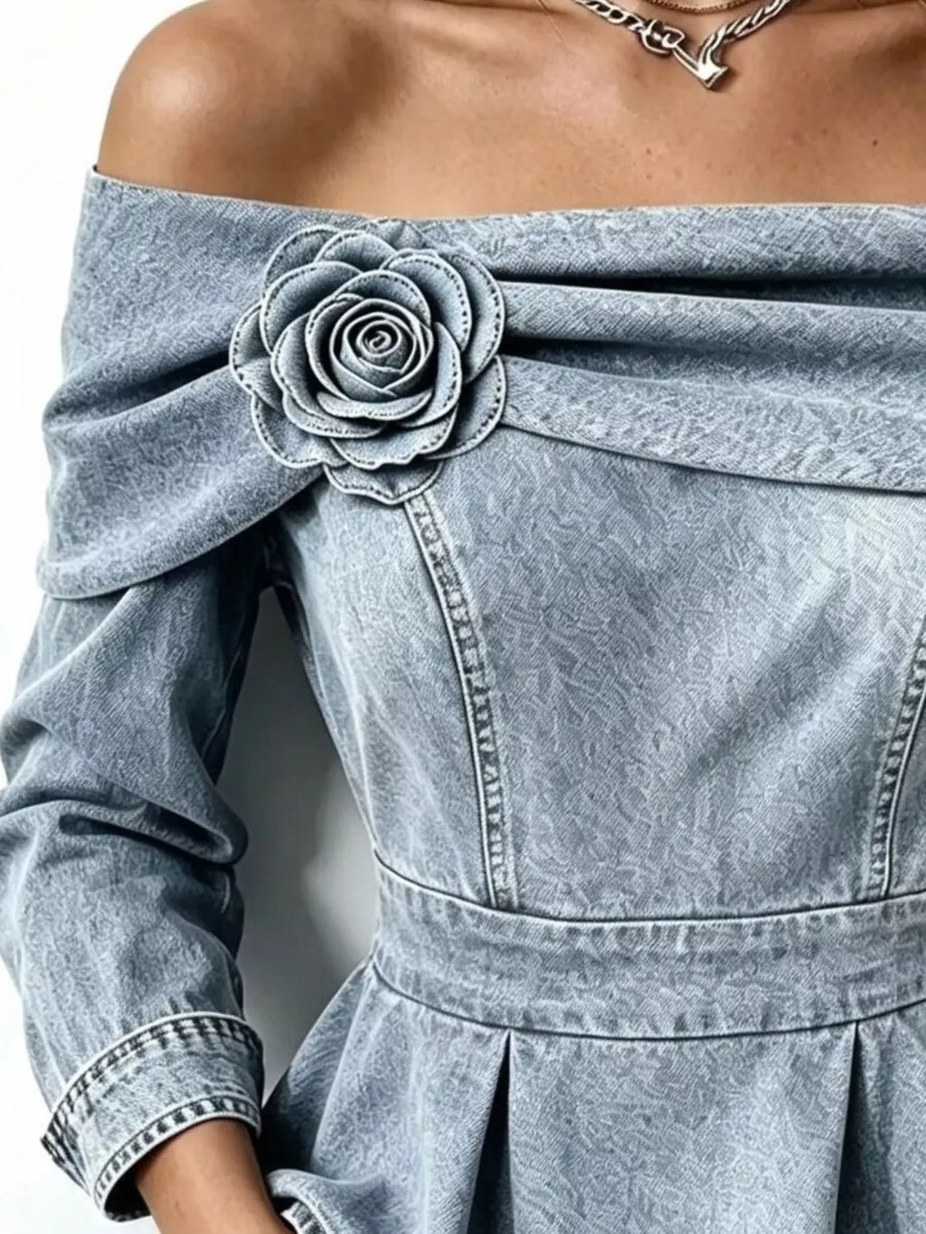 Full Size Off-Shoulder Floral Denim Look Top Plus Size
