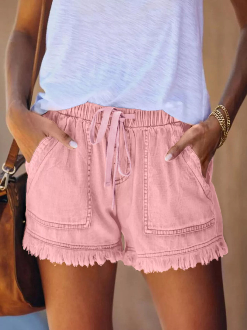 Full Size Drawstring Frayed Hem Denim Shorts Plus Size