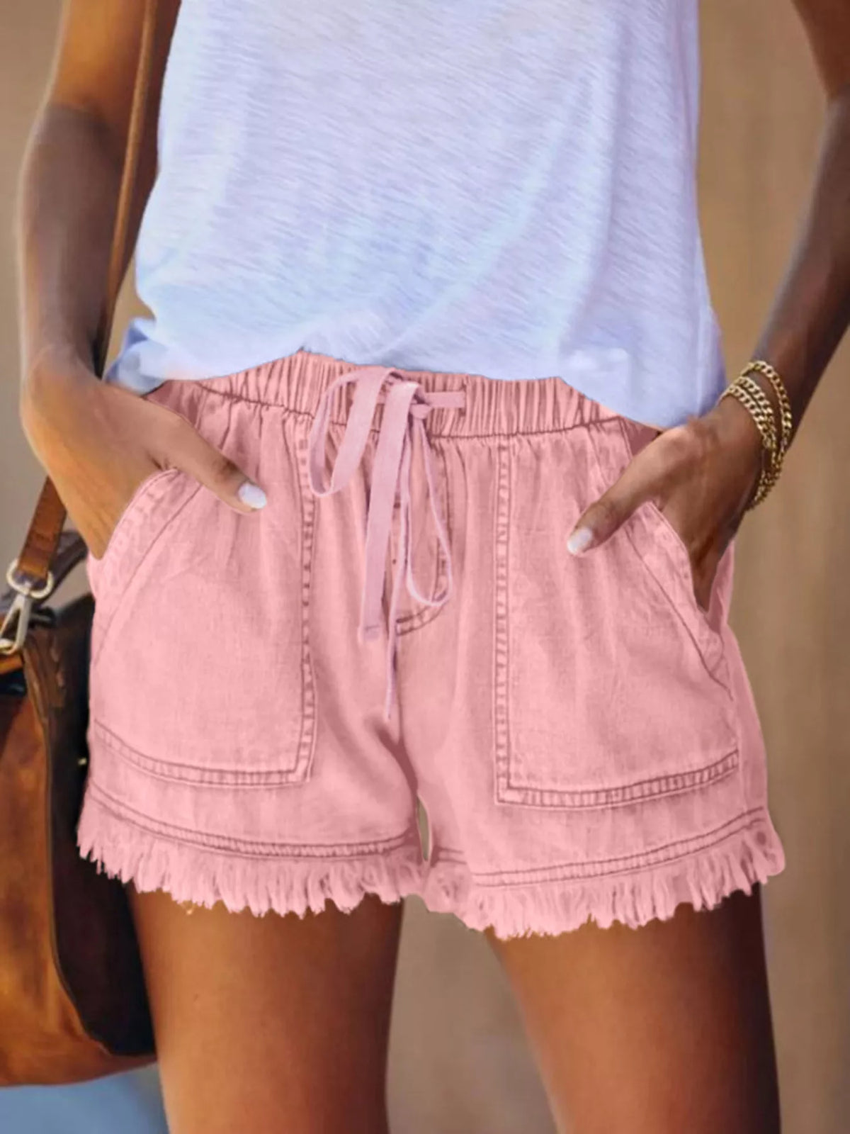 Full Size Drawstring Frayed Hem Denim Shorts Plus Size