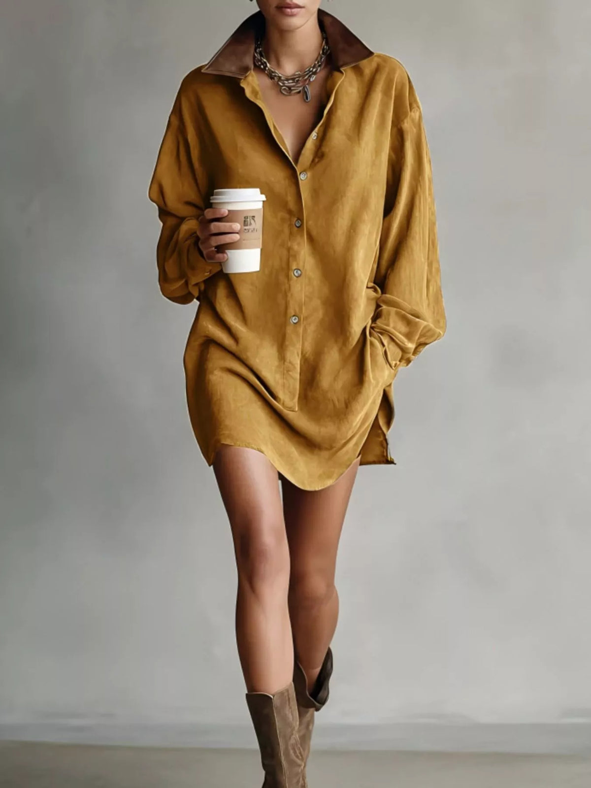 Contrast Collar Mini Shirt Dress