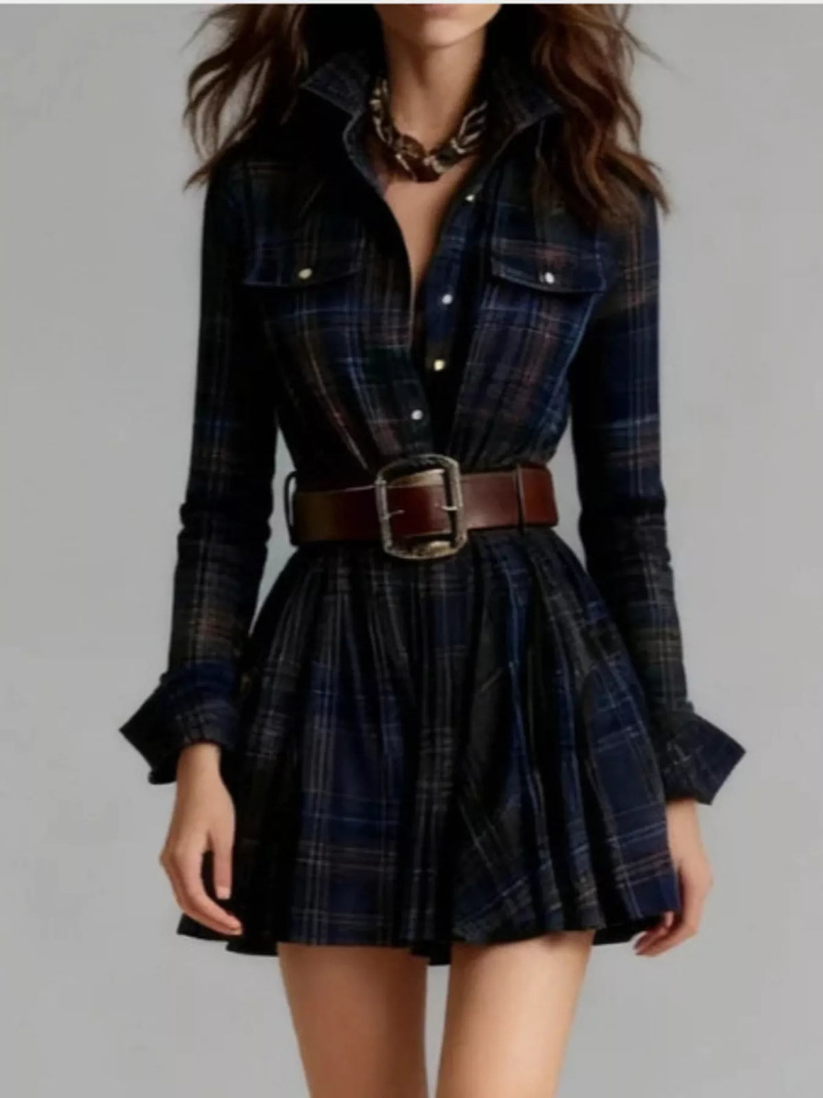 Plaid Long Sleeve Shirt Dress