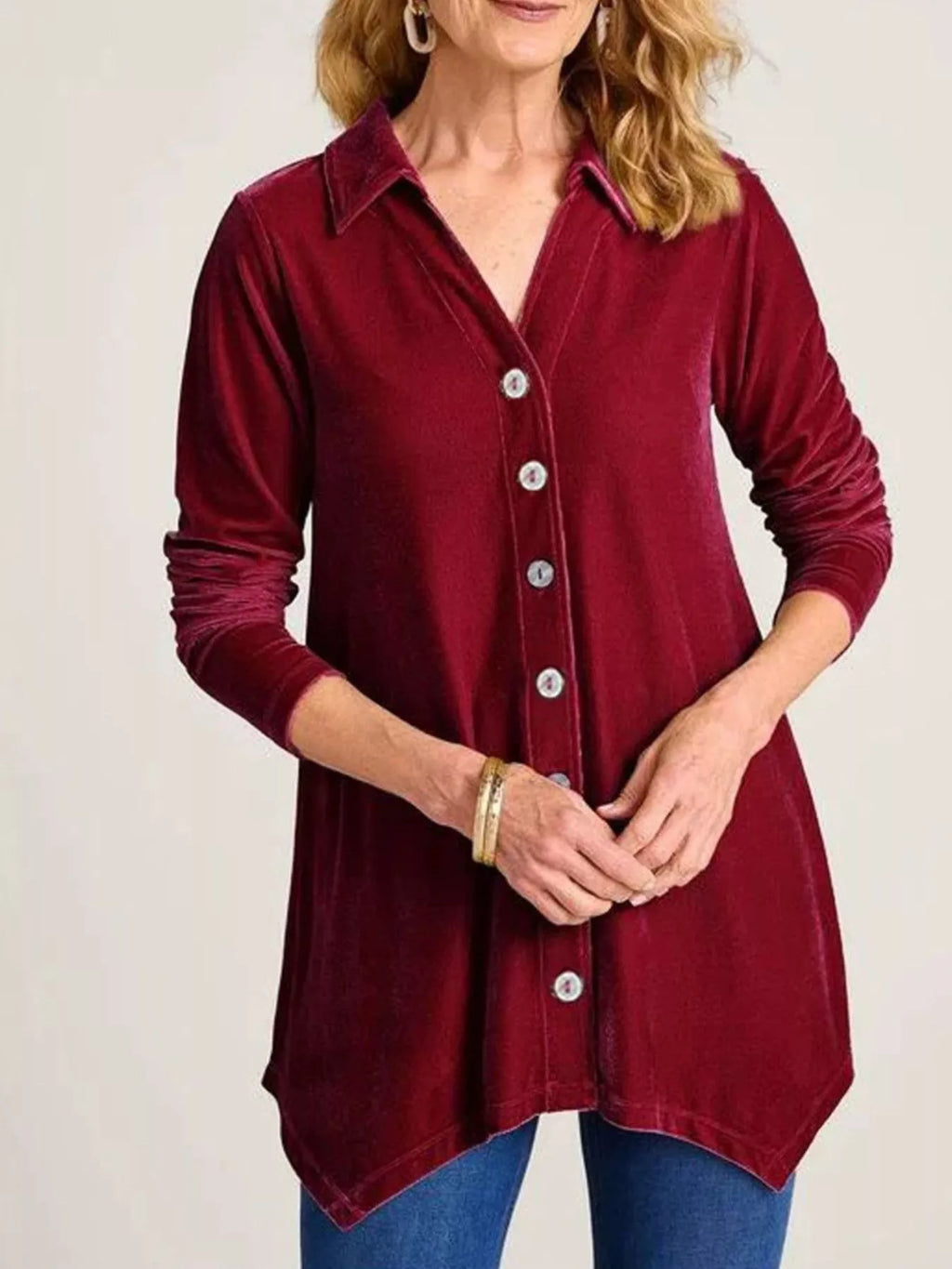 Velvet Button-Down Long Sleeve Shirt with Asymmetrical Hemline
