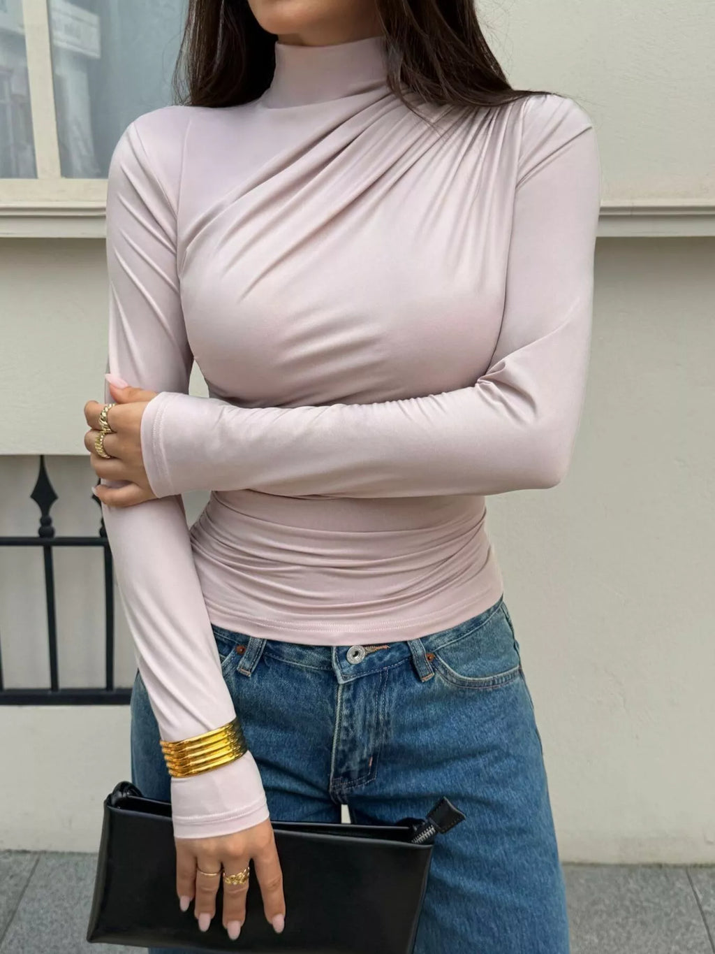 Mock Neck Ruched Slim-Fit Long Sleeve T-Shirt