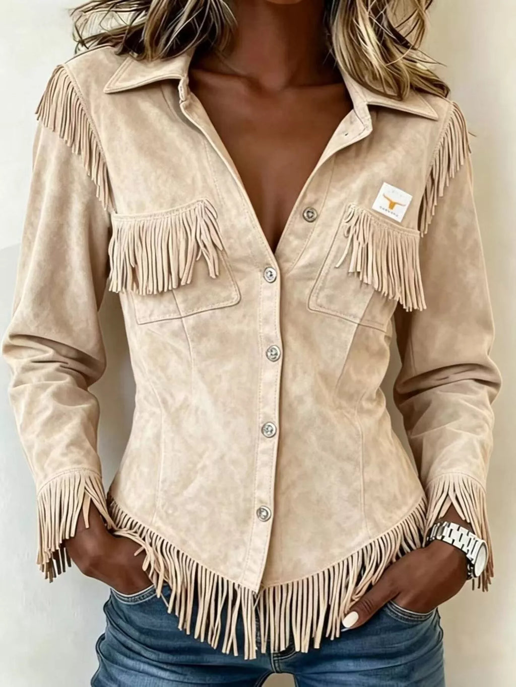 Full Size Fringed Snap Down Jacket Plus Size