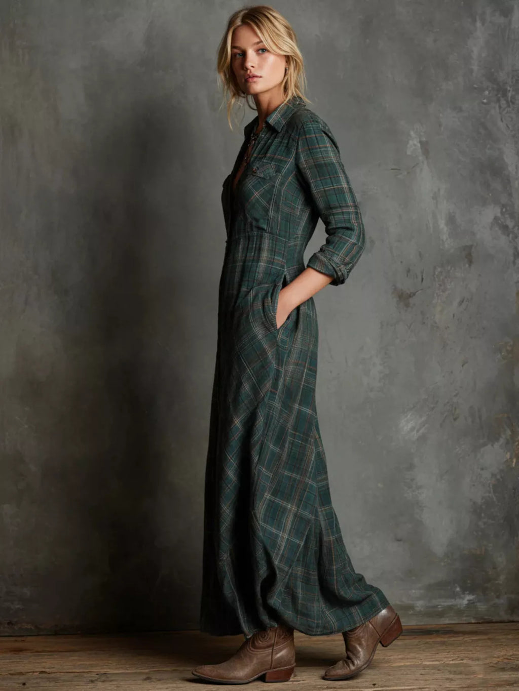 Vintage Plaid Button-Down Maxi Shirt Dress
