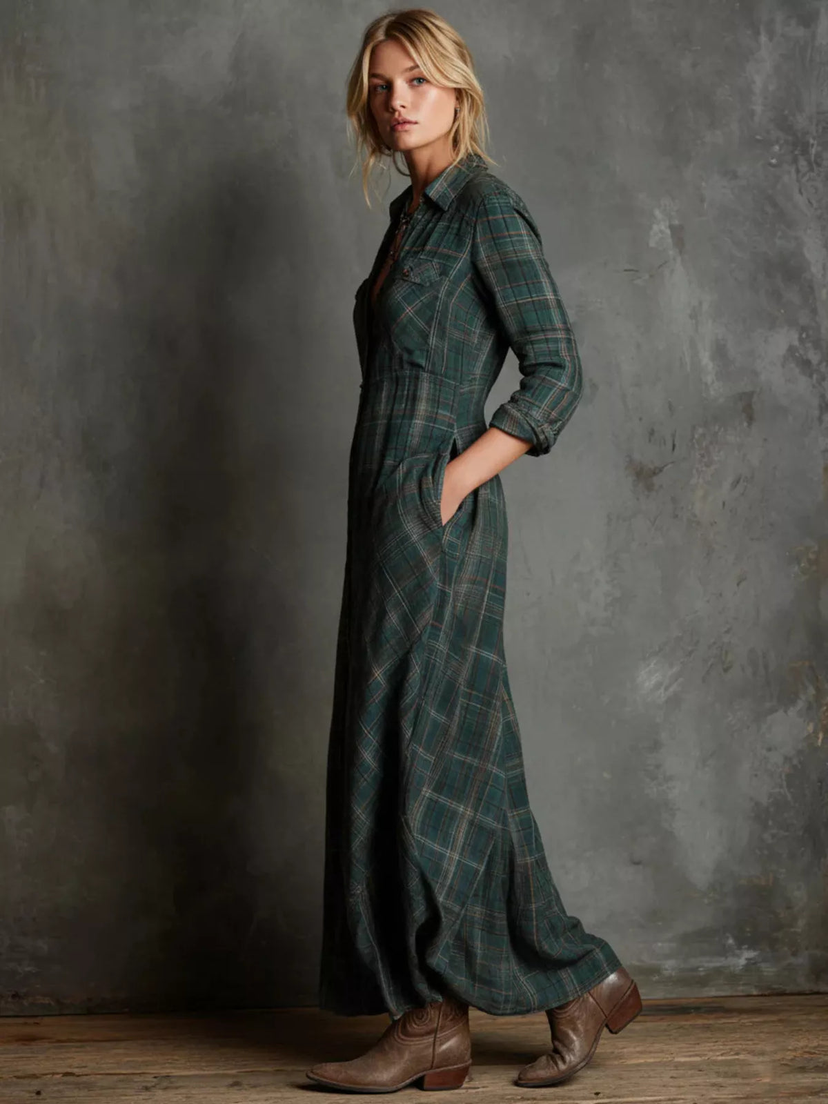 Vintage Plaid Button-Down Maxi Shirt Dress
