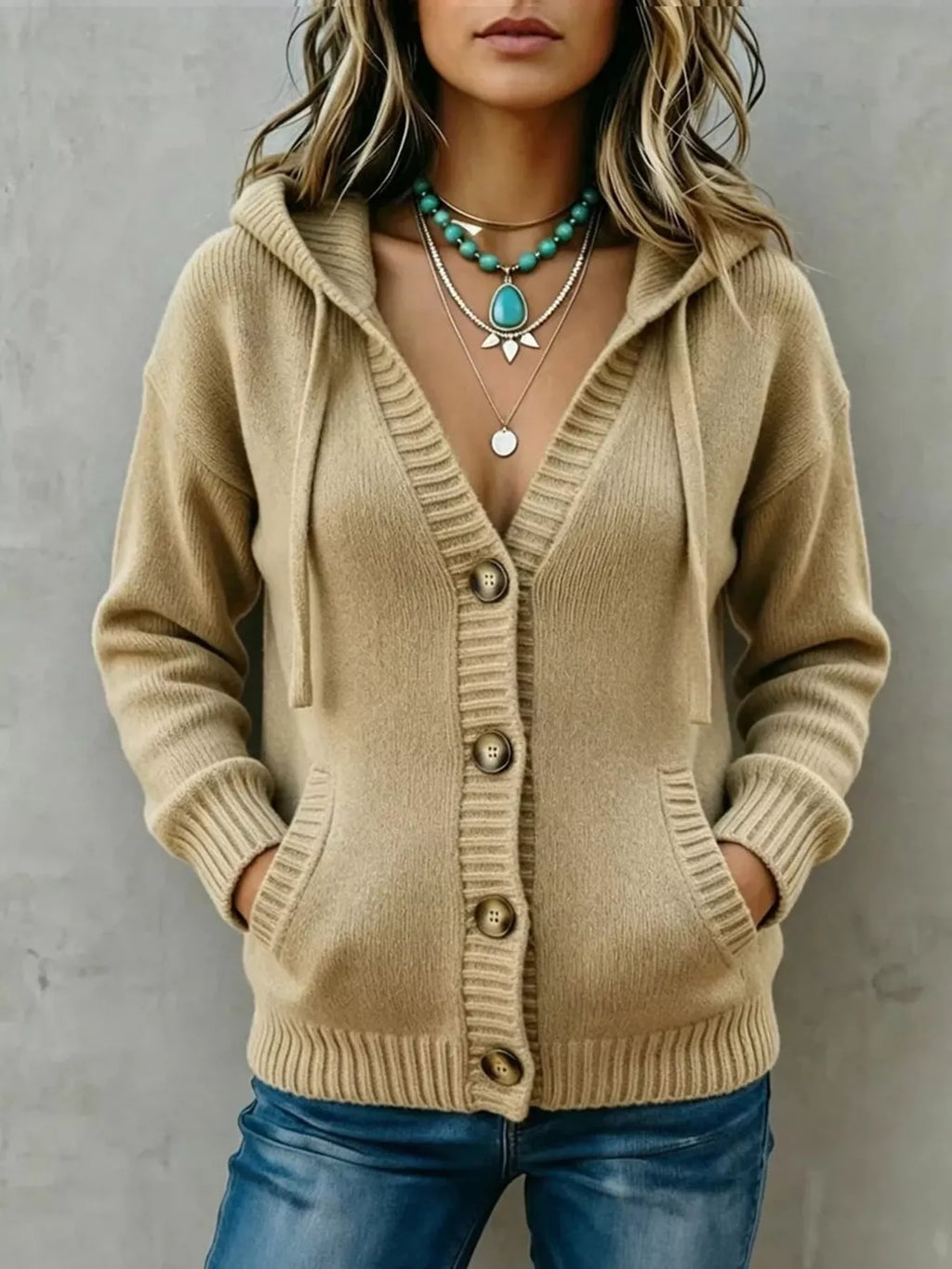 Hooded Button-Down Knit Cardigan with Pockets