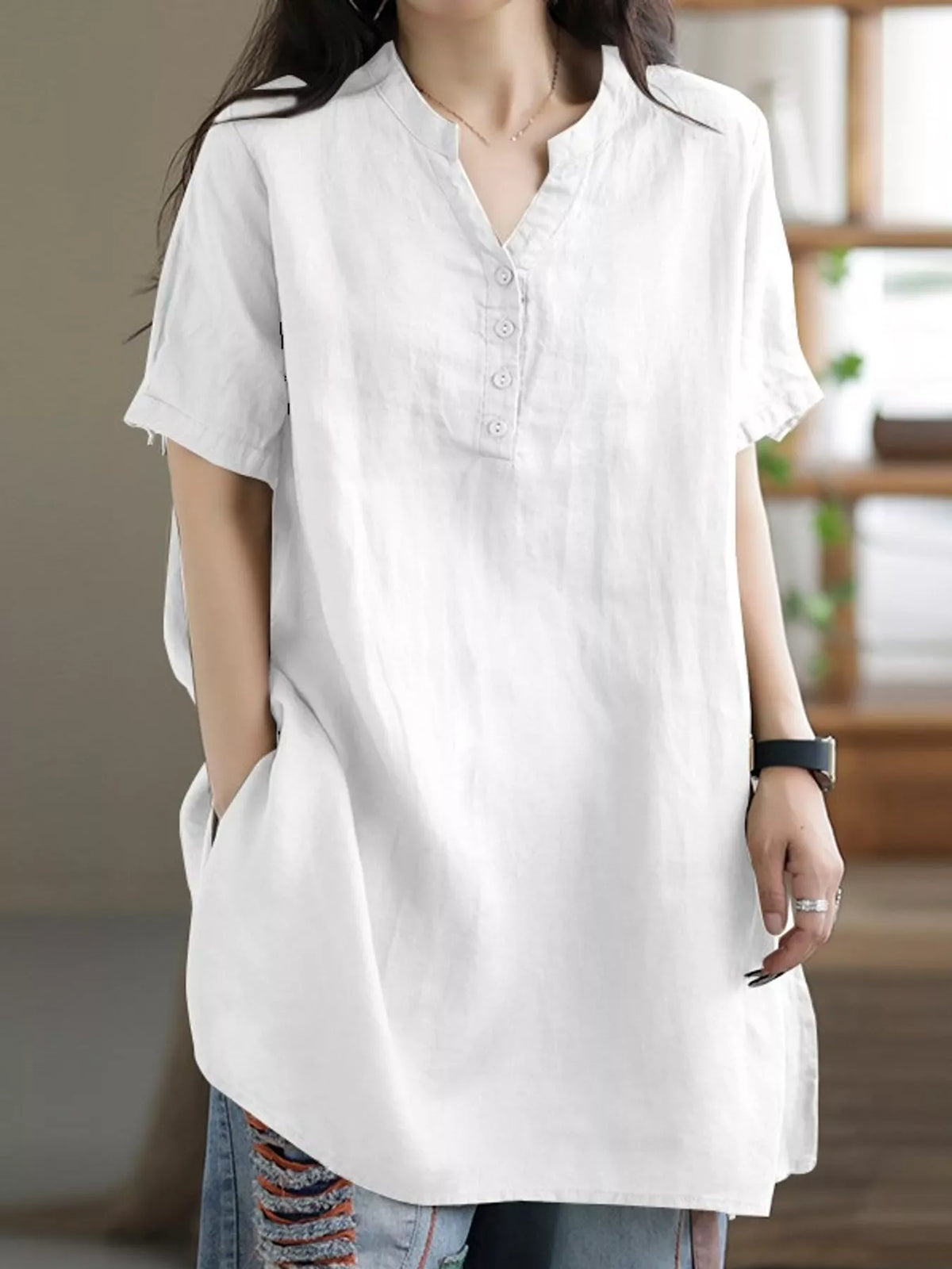 Full Size Notched Short Sleeve Oversize Blouse Plus Size