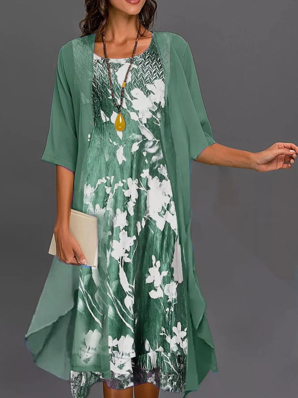Full Size Floral Print Midi Dress and Chiffon Cardigan Set Plus Size
