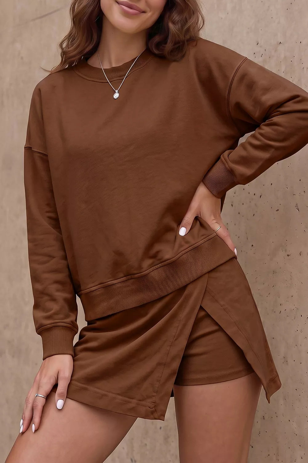 Solid Color Long Sleeve Top Split Skort 2pcs Outfit