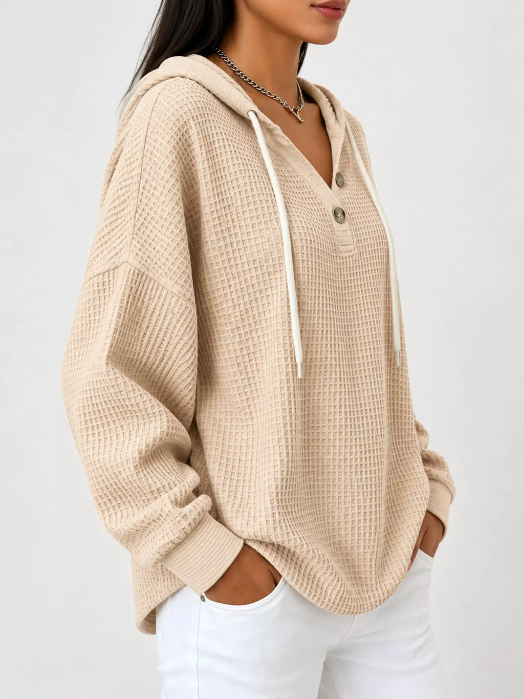 Full Size Waffle Knit Button Detail Hoodie Plus Size