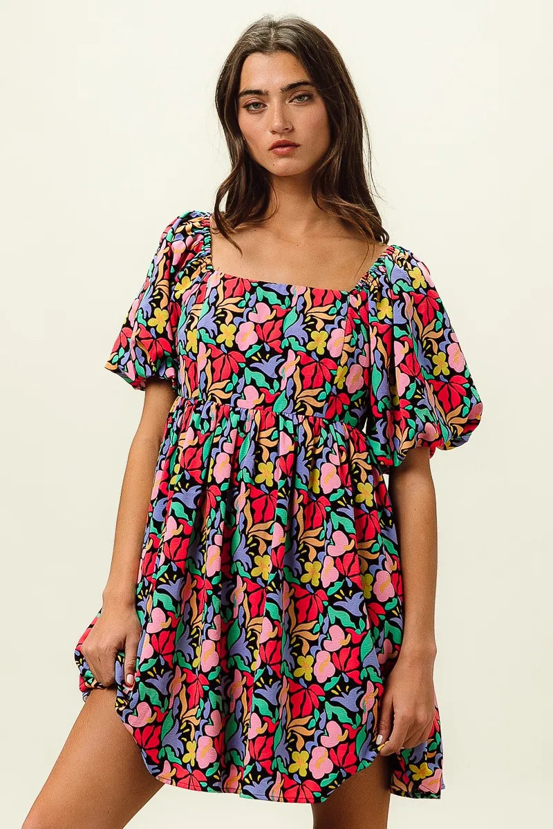 BiBi Floral Print Puff Square Neck Dress