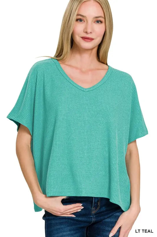 Ribbed V-Neck Short Sleeve Relaxed Knit Top