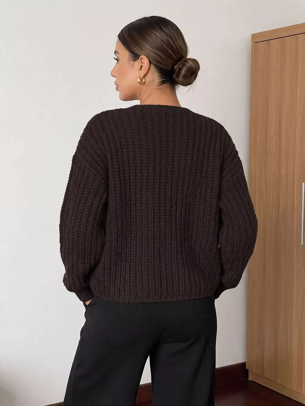 Ribbed Knit Cardigan with Gold-Tone Buttons