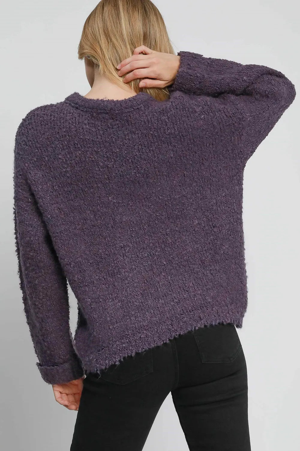 Umgee Full Size Round Neck Long Sleeve Boucle Sweater Plus Size