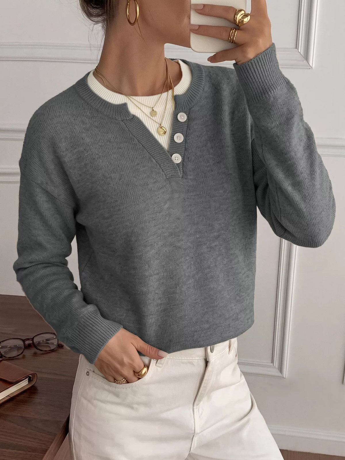 Dropped Shoulder Decorative Button Sweater