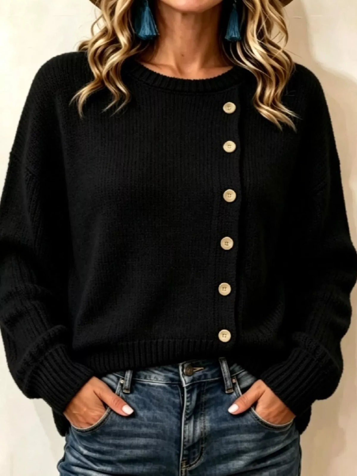 Decorative Button Round Neck Sweater