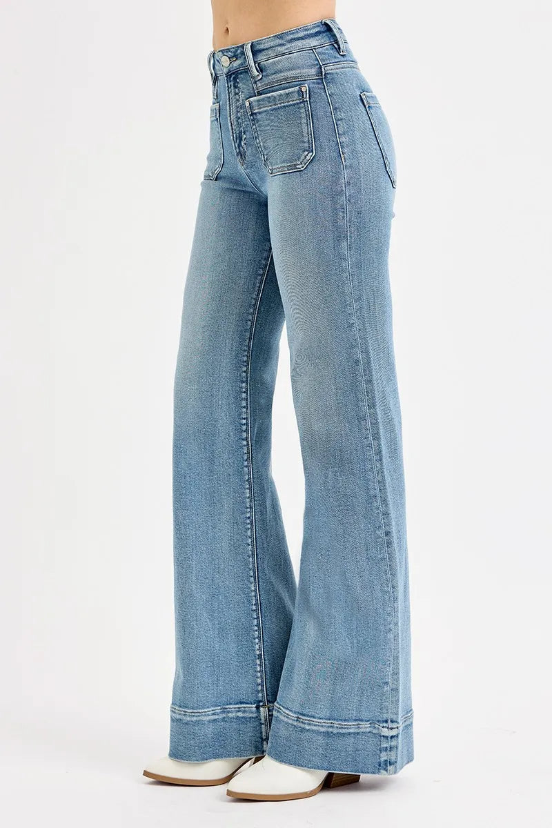 RISEN Full Size High Rise Wide Flare Patch Pocket Jeans Plus Size