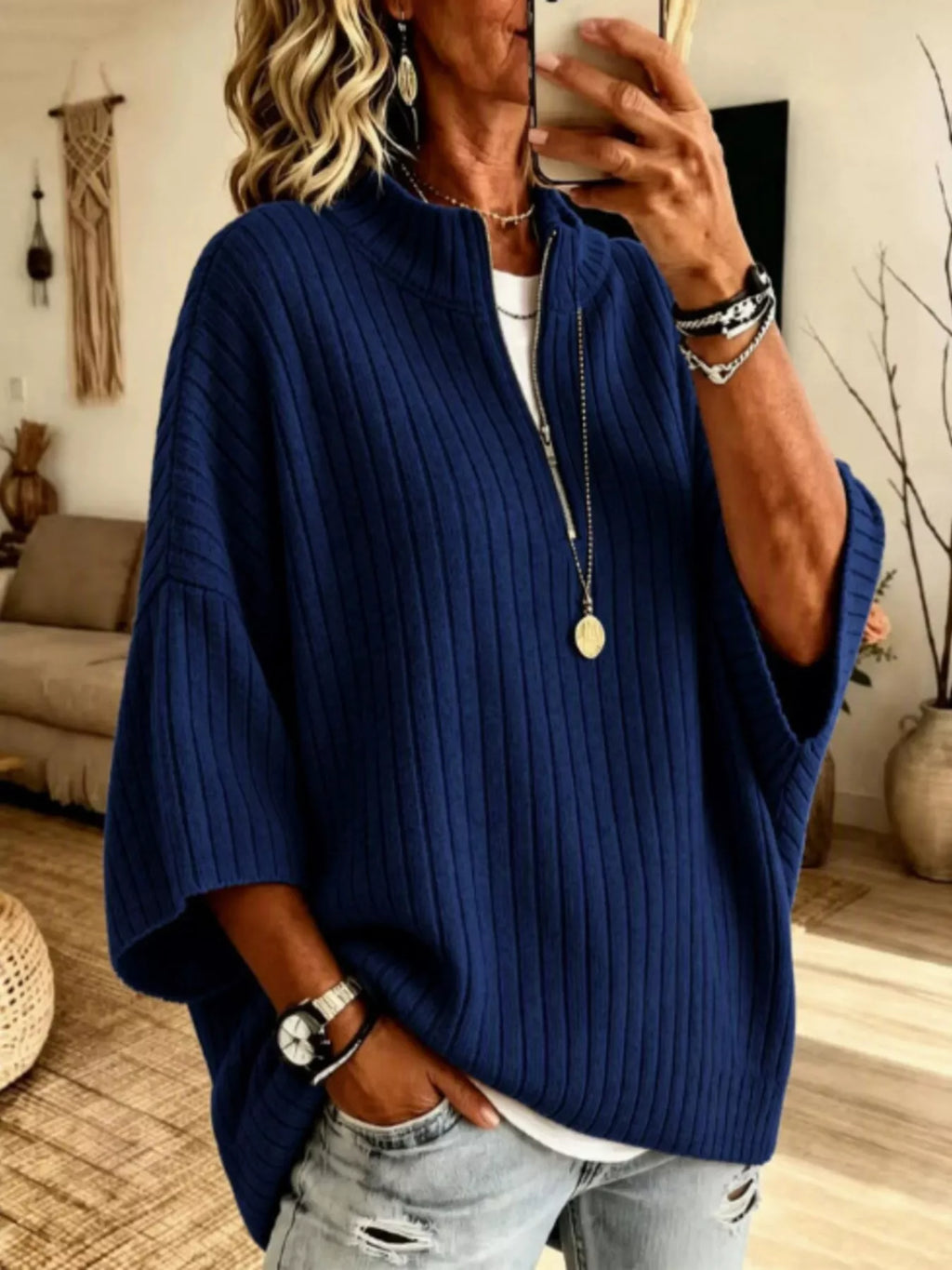 Half-Zip Ribbed Knit Top