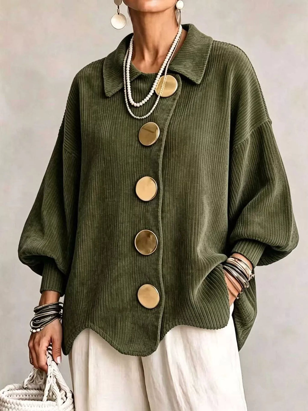 Full Size Ribbed Knit Gold Buttons Cardigan Plus Size