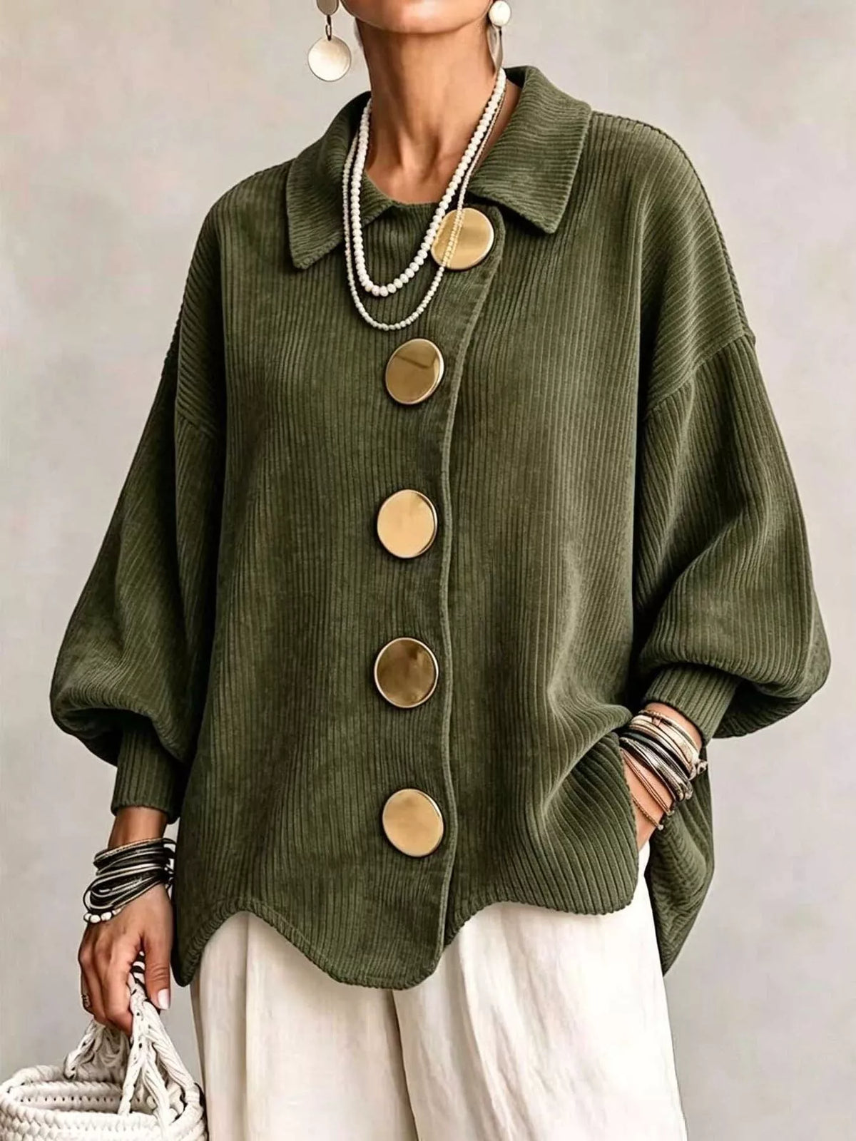 Full Size Ribbed Knit Gold Buttons Cardigan Plus Size