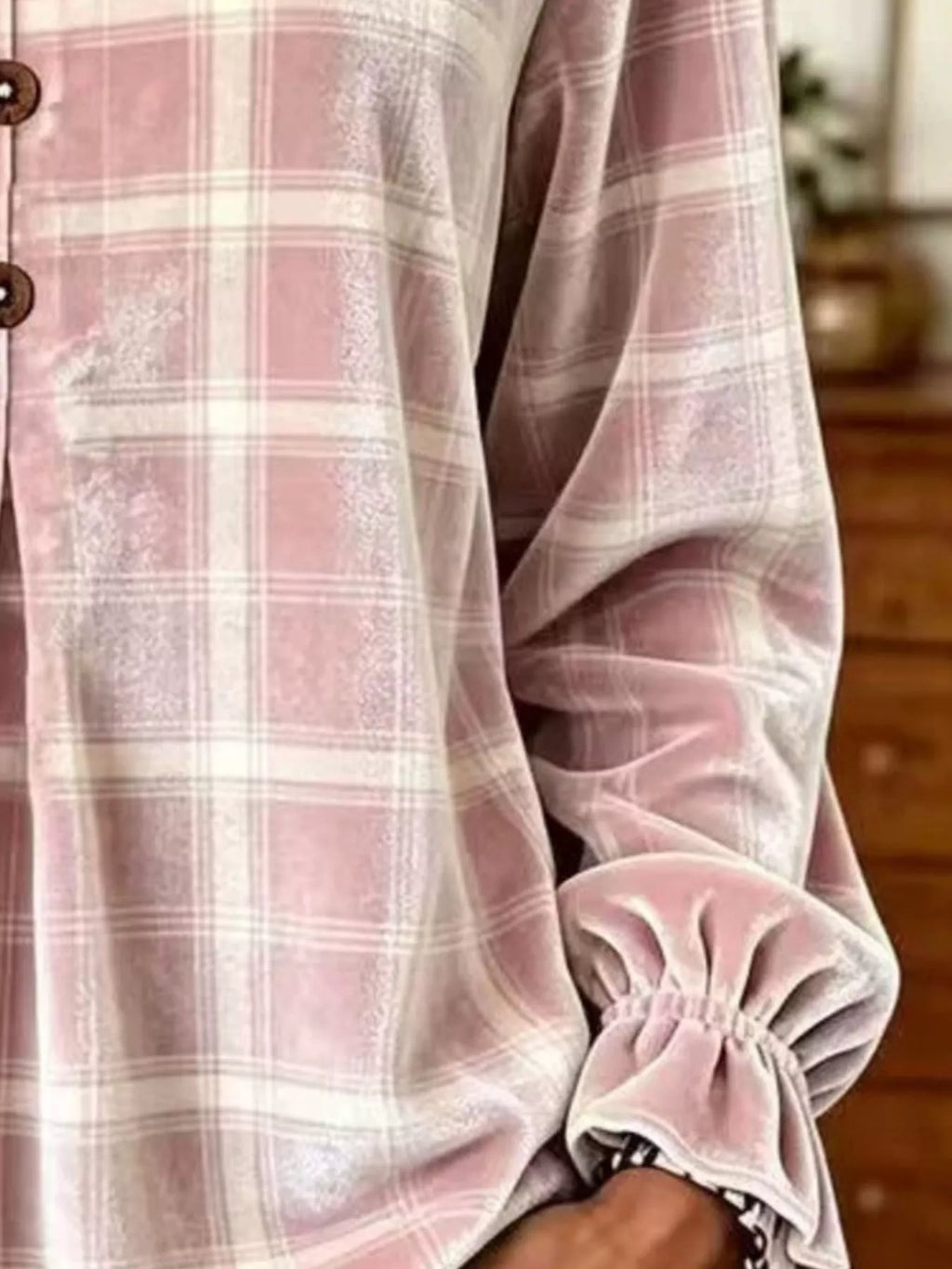 Full Size Plaid Velvet Flounce Sleeve Blouse Plus Size