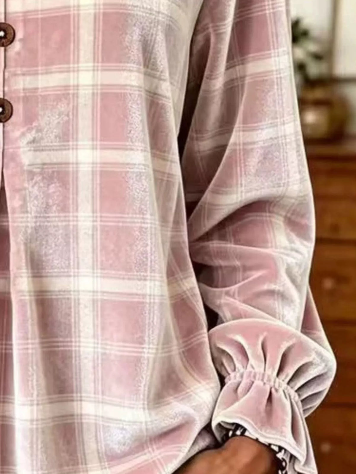 Full Size Plaid Velvet Flounce Sleeve Blouse Plus Size