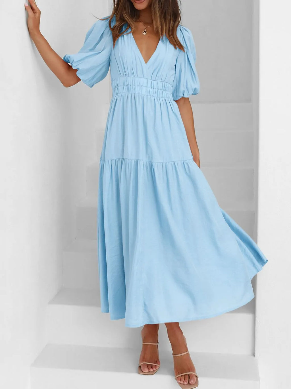 V-Neck Puff Sleeve Midi Dress with Empire Waist