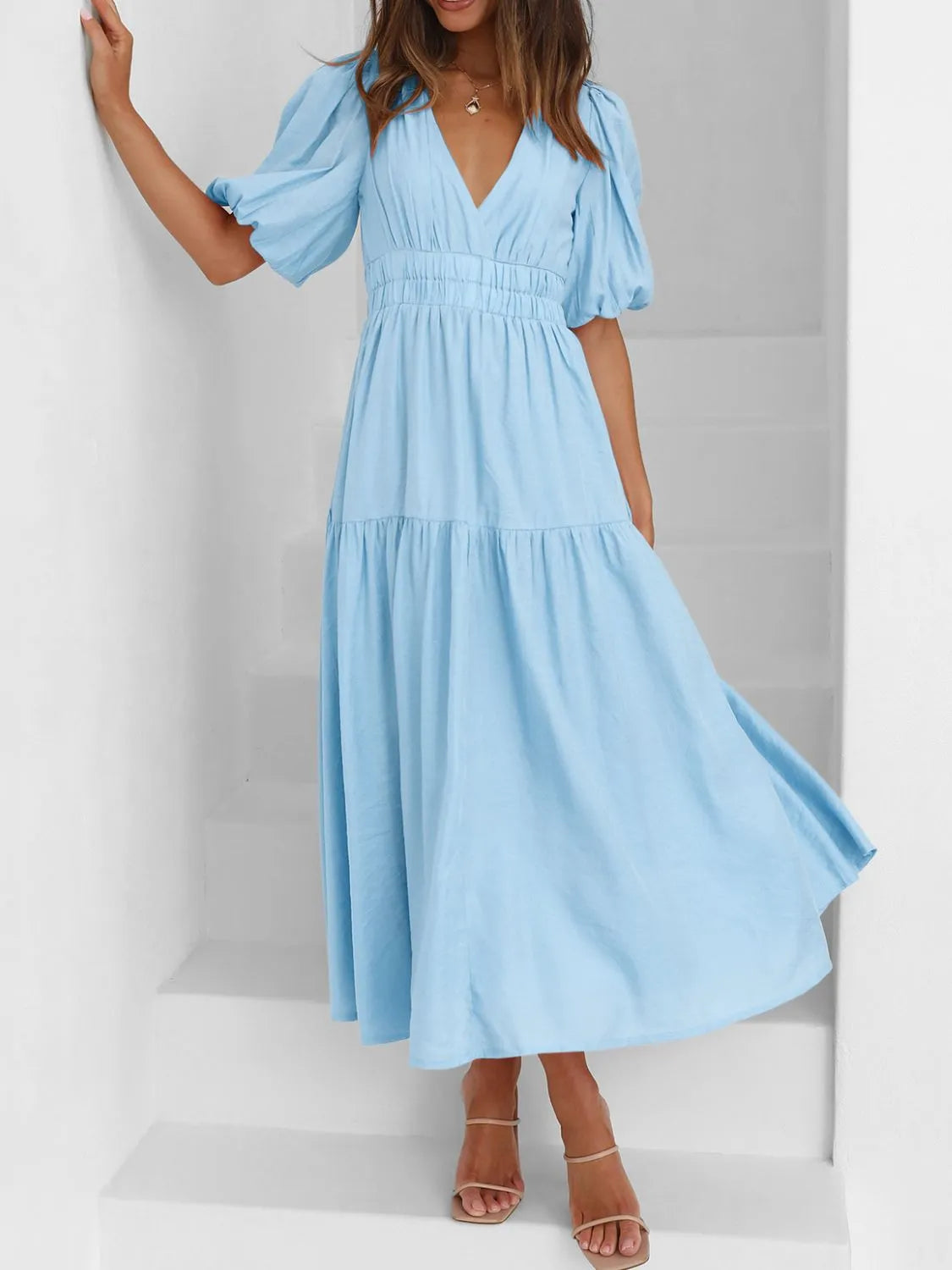 V-Neck Puff Sleeve Midi Dress with Empire Waist