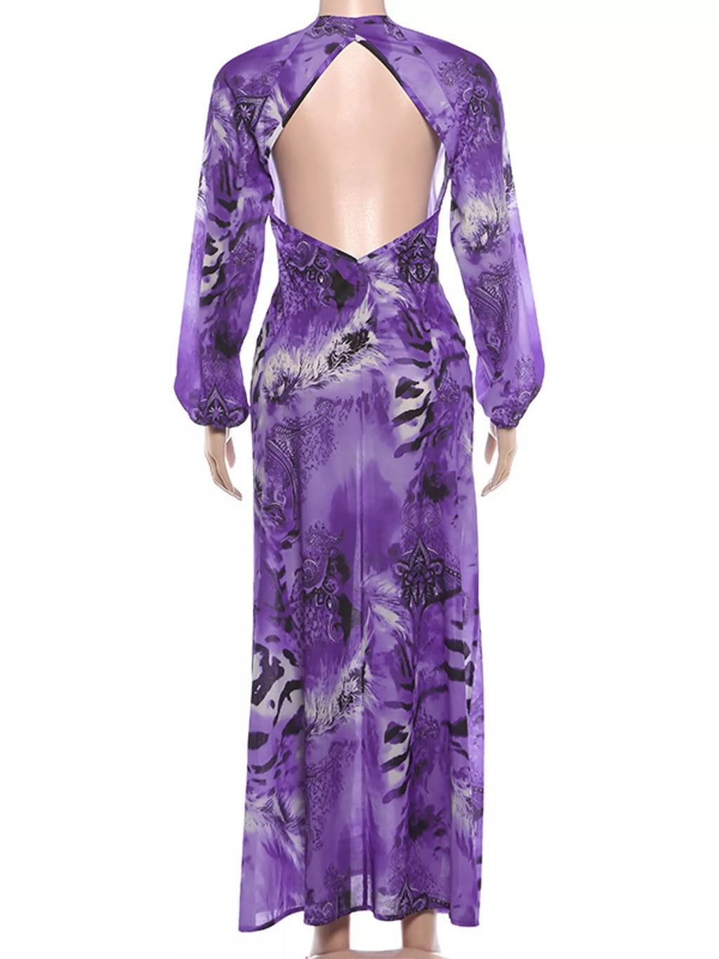 Deep V-Neck Long Sleeve Printed Maxi Dress